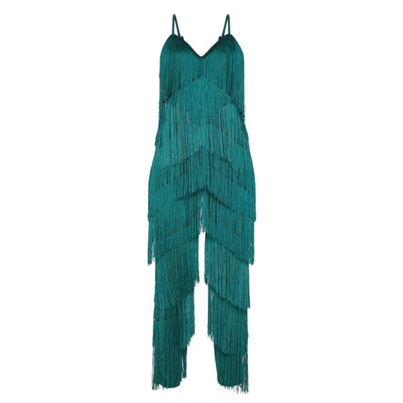 ❌ SOLD / Green Tassel Plunge Jumpsuit - Picture 4 of 9